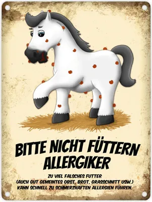 Produktbild von Metallschild mit weißes Pferd Motiv und Spruch: Bitte nicht füttern - Allergiker