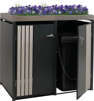 Obrázok produktu pre 2-košový odpadkový kôš HWC-O67, odpadkový kôš s boxom na sadenie, kov 125x132x84cm 55kg ~ antracitový vzhľad svetlého dreva
