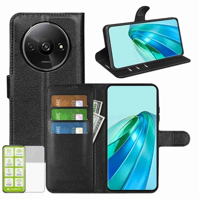 Obrázok produktu pre Puzdro na mobilný telefón Xiaomi Redmi A3, čierne, z umelej kože + tvrdené sklo H9