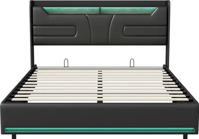 Zdjęcie produktu dla Łóżko tapicerowane 140x200 cm – łóżko z schowkiem – zagłówek z oświetleniem LED – podnośnik hydrauliczny – rama metalowa i drewniana – tapicerka z PU/kompozytu – kolor A1