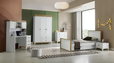 Immagine prodotto di Set cameretta bambini letto completo mobili per bambini legno bianco cameretta 5 pezzi