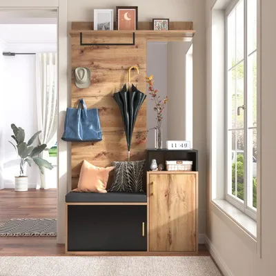 Produktbild von Wandgarderobe – Garderobenmöbel mit Schuhschrank, Spiegel und Schuhbank in Schwarz und Holz