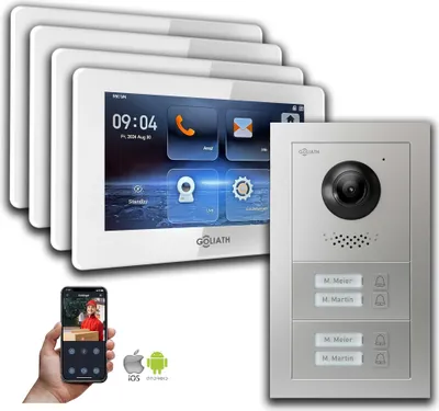 Image de Goliath 2-fils BUS interphone vidéo : Maison de 4 familles, Smartphone App, Argent : 7 pouces en blanc : Boîte d'encastrement Sélection du moniteur : 7 pouces en blanc Boîte de montage de la sonnette : Boîte d'encastrement