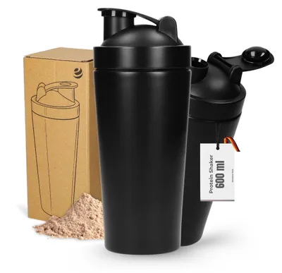Produktbild von Protein Shaker auslaufsicher 'Core' 600 ml - doppelwandiger Edelstahl Shaker mit Sieb für Gym und Alltag - schwarz