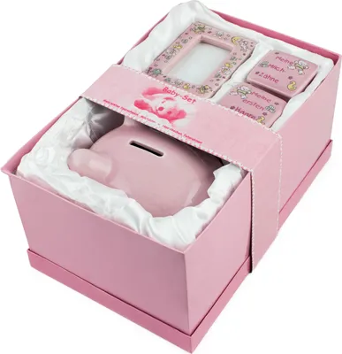 Produktbild von BRUBAKER Set 'Mein erstes Sparschwein', rosa für erstes Spargeld, erste Milchzähne, Haare und mit Bilderrahmen