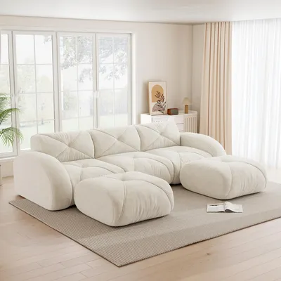 Produktbild von U-förmiges rahmenloses 3-Sitzer-Modulsofa mit 2 Hockern, weicher Stoff, rutschfest, ohne Montage, ideal für Wohnzimmer