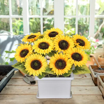 Imagen del producto de Juego de girasoles artificiales, 9 unidades, 50 cm, para decoración otoñal