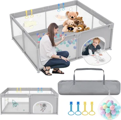 Zdjęcie produktu dla XMTECH kojec dla dzieci 180x150cm, kojec dla dzieci, ogrodzenie dla dzieci, kojec z oddychającą siatką, solidny plac zabaw z 50 piłkami oceanicznymi i 4 pierścieniami do ciągnięcia (szary z motywami astronautów)