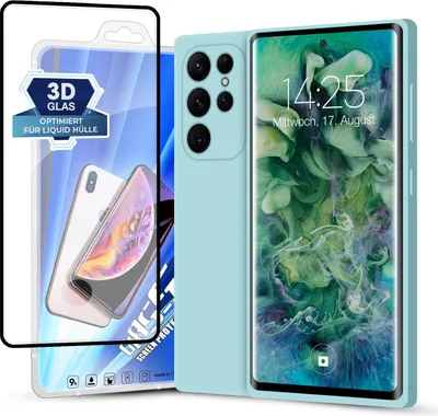 Produktbild von Hülle für Samsung Galaxy S22 Ultra mit 9H Displayglas Displayschutz Plus Case Cover Bumper Silikon Softgrip Schutzhülle Farbe: Hellblau