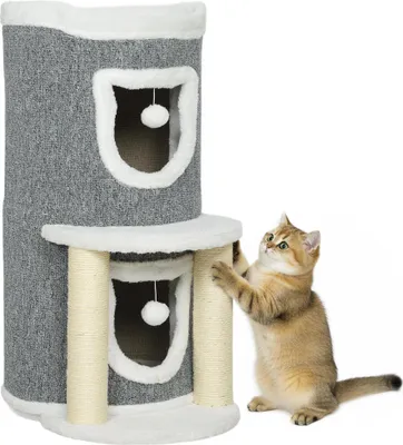 Image de Arbre à chat - Tour d'escalade - Hauteur 76 cm - 2 niveaux - 2 grottes - Troncs sisal - Tapis à griffer - Couchage - Gris