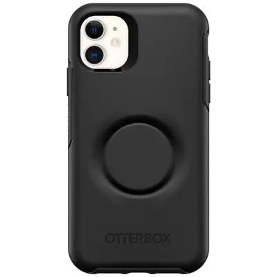 A black OtterBox phone case with a PopSocket integrated into the back, shown from the front.