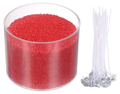 Productafbeelding van Kaarswas pellets, 400g, rood, met 30 lontjes, voor het zelf maken van kaarsen