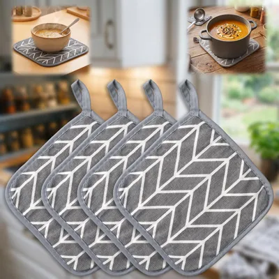 Zdjęcie produktu dla Zestaw 4 sztuk podkładek pod garnki, bawełna, odporne na wysokie temperatury (200°C), szare, 17x17 cm