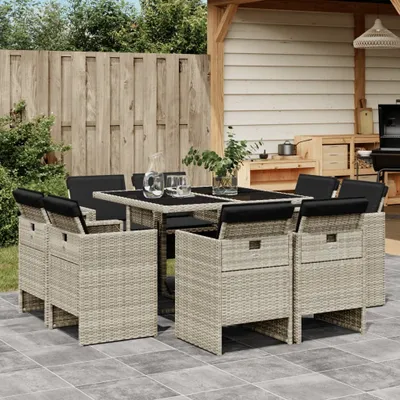 Produktbild von Design 9-tlg. Garten-Essgruppe mit Kissen Hellgrau Poly Rattan, Gartenmöbel-Sets 2024 Neu