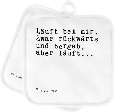 Produktbild von Mr. & Mrs. Panda Topfuntersetzer Läuft bei mir. Zwar... - Weiß - Geschenk, Topflappen, Lustig, Spruch Sprüche Weisheiten Zitate Weisheit Worte, Kochlappen, Set