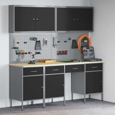 Productafbeelding van vidaXL Werkbank met opbergruimte, 10 stuks, zwart, voor ingenieurs, van hout en staal