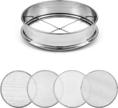Productafbeelding van Famanu tuinsieve set, 30 cm - roestvrij staal met 4 verwisselbare sieveilters