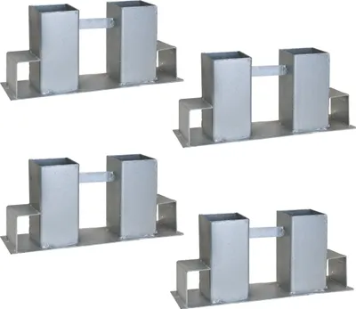 Produktbild von TrutzHolm Holzstapelhilfe, 4 Stück, für Brennholz aus feuerverzinktem Stahl, 340x100x150 mm (LxBxH) pro Stück, passend für Kanthölzer 70x70 mm (senkrecht) und 40x60 mm (waagerecht), mit vorgebohrten Löchern, individuell anpassbar in Breite und Höhe.