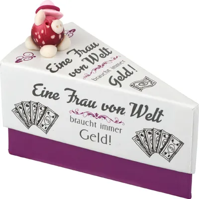 Produktbild von HERGO Geschenkschachtel Tortenstück "Eine Frau von Welt braucht immer Geld!"