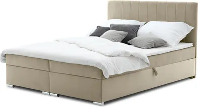 Produktbild von Boxspringbett Grenland 180x200 z Bonnell-Federkernmatratze und Topper - Kontinentalbett mit Stauraumbett und dekoratives Kopfteil - Farben zur Auswahl - STOFF Trinity 02 - Beige