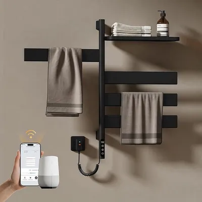 Productafbeelding van Elektrische handdoekradiator, 76 x 45 cm, met WiFi-thermostaat, elektrische badradiator, 180° draaibaar, geschikt voor Alexa en Google Home, bedienbaar via app, zwart, 120W