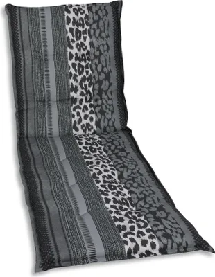 A lounge chair cushion with a leopard print and striped pattern.