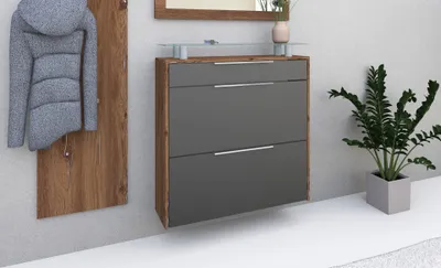A modern entryway with a wall-mounted shoe cabinet, a coat rack with a jacket, and a potted plant.