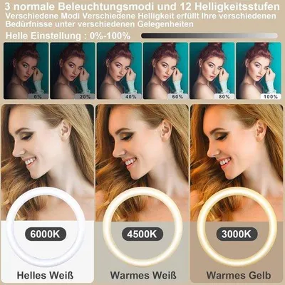 Productafbeelding van 13 Inch Ringlamp met Statief, 2 Telefoonhouders, Tabletclip, 3000-6000K, 10 Helderheidsniveaus, RGB Lichtmodi voor Selfies, TikTok, YouTube e