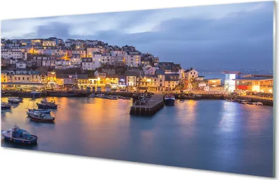 Produktbild von Glasbilder 120x60 Wandkunst Stadt Nacht Meer Schiff