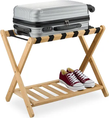 Produktbild von Relaxdays Kofferständer, klappbar, Bambus, HBT: 56 x 68,5 x 41,5 cm, Gepäckständer mit Ablage, Kofferablage Hotel, natur