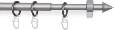A curtain rod with rings and hooks, shown against a white background.
