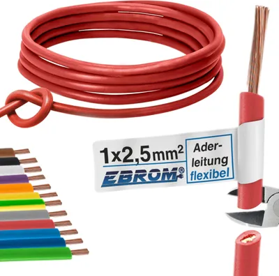 Produktbild von Aderleitung Verdrahtungsleitung - Einzelader flexibel - PVC Leitung - H07V-K 2,5 mm² - Farbe: rot - viele Längen in 5 Meter-Schritten lieferbar, Ihre Länge: nach Auswahl