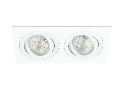 A white square recessed ceiling light with two circular light fixtures.