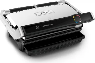 A close-up, studio shot of a Tefal OptiGrill Elite XL contact grill against a white background.