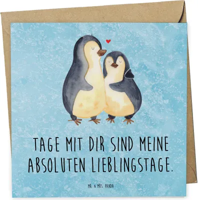 Produktbild von Mr. & Mrs. Panda Klappkarte Pinguin umarmen - Eisblau - Geschenk, Glückwunschkarte, Hochzeitstag, Hochzeit, Liebe, faltkarte, anlasskarte, doppelkarte, Grußkarte