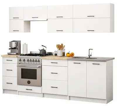 Immagine prodotto di Cucina lineare da 240 cm con piano di lavoro, 10 ante e 6 cassetti. Cucina componibile, 8 elementi