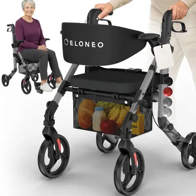 Zdjęcie produktu dla Składany i lekki wózek inwalidzki ELONEO 2w1 z siedziskiem, składany wózek inwalidzki do użytku na zewnątrz, aluminiowa pomoc w chodzeniu dla seniorów - szary