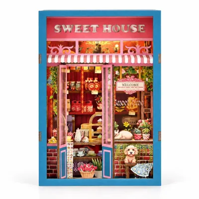 Productafbeelding van THAR Boekensteun "Sweet House" – Doe-het-zelf miniatuurhuis bouwpakket met LED-verlichting, 162 onderdelen, 18 x 12 x 12 cm