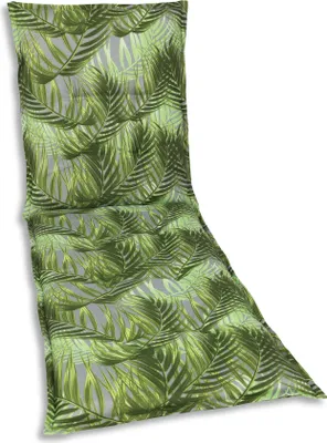 A green palm leaf patterned lounge chair cushion.