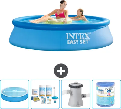 Produktbild von Intex runder aufblasbarer Easy Set-Pool – 244 x 61 cm – Blau – im Lieferumfang enthalten Sonnensegel - Wartungspaket - Filterpumpe für Schwimmbad - Filter