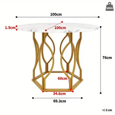 Image de Table ronde de 100 cm - table de cuisine moderne avec plateau imitation marbre et pieds en métal doré - blanche