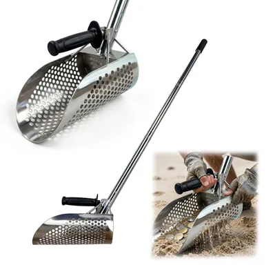 Image de Pelle détecteur de métaux Relaxdays, acier inoxydable, long manche, pelle de plage pour la chasse au trésor, pelle tamisante pour la plage, argent
