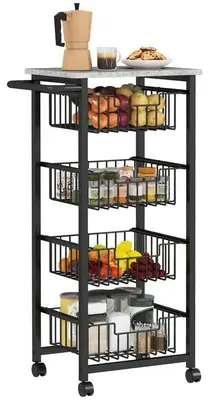 Obrázek produktu pro Vozík na kuchyňské potřeby – 4patrový vozík na kolečkách – dřevěná konstrukce – 4 ocelové koše – vozík pro servírování a skladování – barva armádní zelená