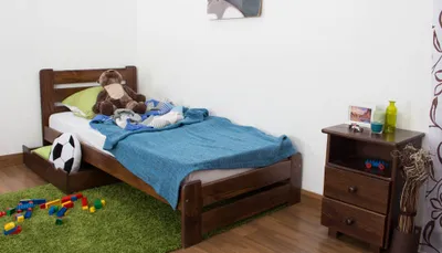 Produktbild von Bettrahmen für Kinder / Kinderbett 90 x 200 cm | Massivholz: Kiefer | Nuss Lackiert | inkl. Rollrost