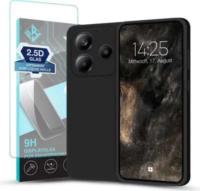 A black smartphone case and a screen protector are displayed next to each other against a white background.