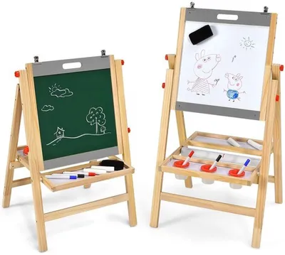 Image de Chevalet de dessin pour enfants 3-en-1 - Bois - Tableau blanc, tableau noir, support pour papier - Réglable en hauteur