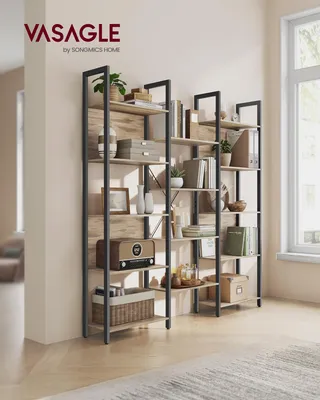 Obrázek produktu pro VASAGLE knihovna, stojící regál se 14 policemi, police s kovovým rámem, průmyslový design, 24 x 158 x 166 cm, velbloudí hnědá-růžová černá