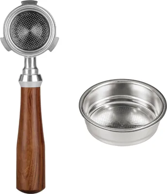 A portafilter and a filter basket for an espresso machine, shown against a white background.