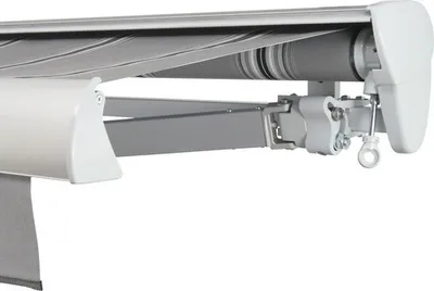 Produktbild von SOLUNA Halbkassettenmarkise Classic 4x2,5 Stoff Dessin A131 Gestell E6EV1 silber eloxiert Antrieb rechts inkl. Kurbel
