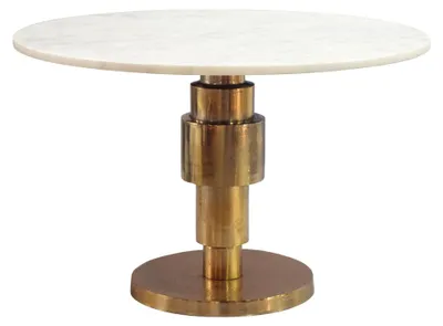 Couchtisch Gold mit weißer Marmorplatte von oben, runde weiße Marmorplatte auf goldenem Aluminiumgestell.